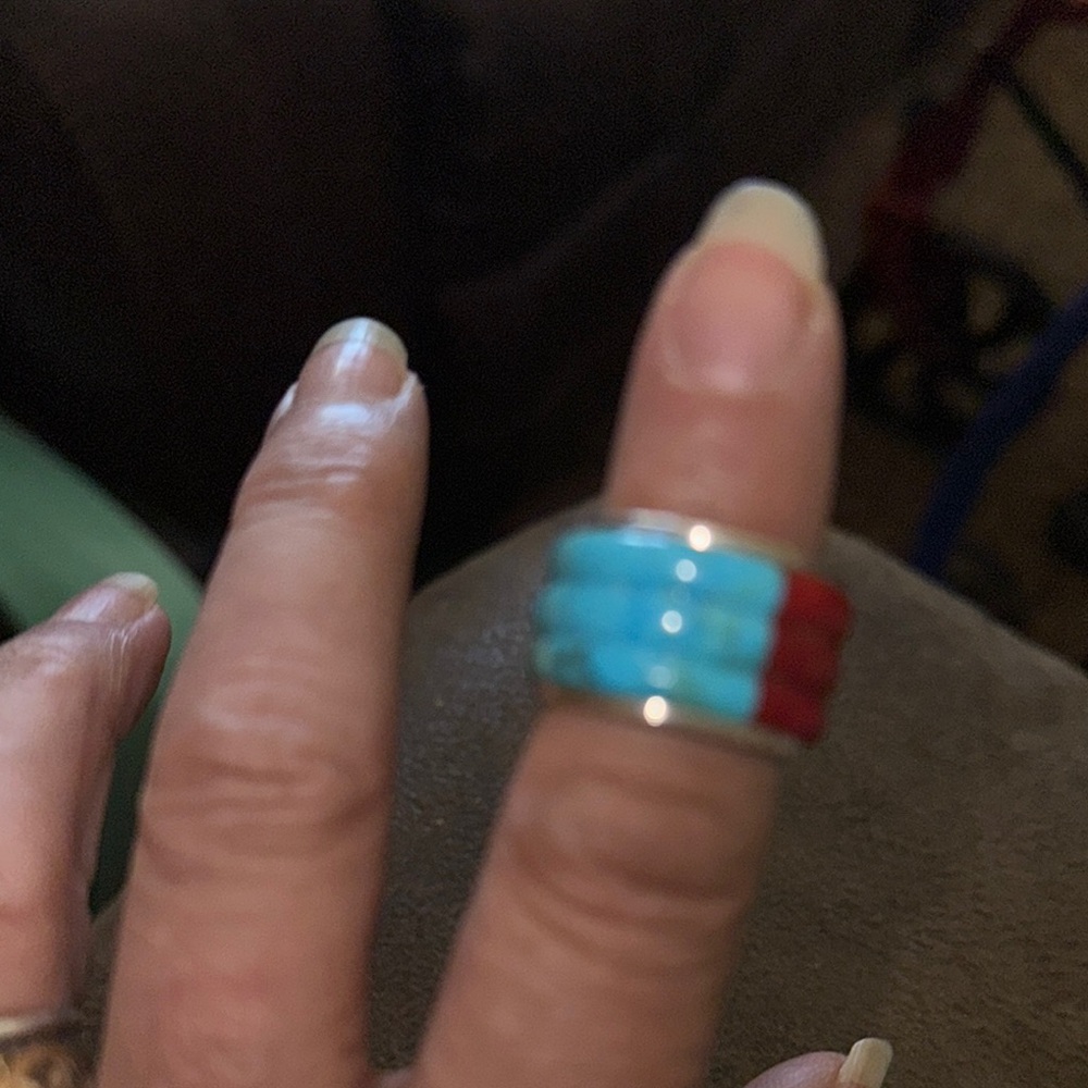 Turquoise and Coral Silver Band Ring